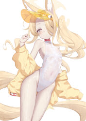 :o absurdres akazaki_yukino animal_ear_fluff animal_ears bare_legs bare_shoulders blonde_hair blue_archive blush breasts covered_navel cross_halo diamond_cutout extra_ears fingernails fox_ears fox_girl fox_tail hair_over_one_eye halo hand_up highleg highleg_one-piece_swimsuit highres jacket jacket_partially_removed loli long_hair long_sleeves looking_at_viewer off_shoulder official_alternate_costume one-piece_swimsuit one_eye_covered parted_lips ribs seia_(blue_archive) seia_(swimsuit)_(blue_archive) side_ponytail simple_background small_breasts sweat swimsuit tail thighs very_long_hair visor_cap wet white_background yellow_eyes yellow_halo yellow_jacket yellow_visor