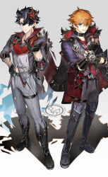 2boys absurdres ahoge artist_name bandaged_arm bandaged_neck bandages black_boots black_coat black_gloves black_hair black_shirt blue_eyes boots buttons cape chain closed_mouth coat coat_on_shoulders collared_shirt commentary_request cosplay costume_switch crossed_bangs earrings facial_scar fingerless_gloves fur-trimmed_coat fur_trim genshin_impact glint gloves grey_hair grey_jacket grey_pants grey_vest grin hair_between_eyes hand_on_own_hip hand_up hands_up highres jacket jewelry kamino_eru looking_at_viewer male_focus mask mask_on_head multicolored_hair multiple_boys necktie orange_hair outstretched_hand pants parted_bangs popped_collar red_cape red_mask red_necktie red_shirt scar scar_on_arm scar_on_cheek scar_on_face scar_on_neck shadow shirt short_hair short_sleeves smile standing streaked_hair stud_earrings tartaglia_(genshin_impact) tartaglia_(genshin_impact)_(cosplay) thigh_boots thigh_strap three-quarter_sleeves two-sided_coat two-sided_fabric v-shaped_eyebrows vest watermark white_background wriothesley_(genshin_impact) wriothesley_(genshin_impact)_(cosplay)