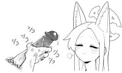 1boy 1girl anger_vein animal_ear_fluff animal_ears asahina_yoshitoshi blue_archive blush closed_eyes closed_mouth ear_blush erection extra_ears fox_ears greyscale halo highres long_hair male_masturbation masturbation monochrome penis precum puff_of_air seia_(blue_archive) simple_background smile solo_focus uncensored white_background