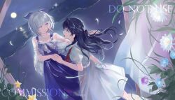 Rule 34 | 2girls, bare shoulders, blue eyes, blue flower, blue ribbon, bob cut, capelet, changjingliu ren ren, closed mouth, collarbone, colored inner hair, commentary, commission, dollchestra, dress, dutch angle, english commentary, eye contact, flower, full moon, grey hair, hair ribbon, half updo, hasu no sora school uniform, highres, holding hands, inverted bob, link! like! love live!, long hair, looking at another, love live!, medium dress, mole, mole on neck, moon, multicolored hair, multiple girls, murano sayaka, official alternate costume, open mouth, outdoors, pleated dress, puffy short sleeves, puffy sleeves, purple dress, purple flower, red hair, red ribbon, ribbon, sailor collar, sailor dress, school uniform, see-through capelet, see-through clothes, short hair, short sleeves, sleeveless, sleeveless dress, smile, split mouth, standing, star (symbol), streaked hair, summer uniform, virtual youtuber, white capelet, white dress, white flower, white sailor collar, yugiri tsuzuri