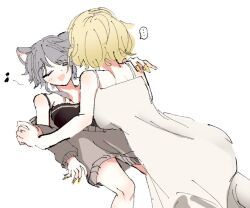 ... 2girls aglaea_(honkai:_star_rail) animal_ears black_dress blonde_hair cat_ears cipher_(honkai:_star_rail) closed_eyes commentary_request dress eighth_note fang fingernails grey_hair grey_sweater honkai:_star_rail honkai_(series) long_fingernails long_hair multiple_girls mumumu_001 musical_note open_mouth simple_background smile spoken_ellipsis sweater white_background white_dress yellow_nails yuri