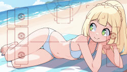 1girl bare_arms bare_legs bare_shoulders barefoot beach bikini blonde_hair braid breasts commentary crown_braid day elbow_rest english_commentary green_eyes highres lillie_(pokemon) long_hair lying navel nintendo outdoors pokemon small_breasts smile solo swimsuit thigh_gap tobias_wheller viewfinder water white_bikini