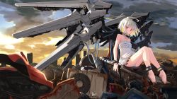 1girl absurdres ahoge air_conditioner bare_shoulders barefoot blonde_hair closed_mouth cloud cloudy_sky collarbone commentary_request criss-cross_halter dirty dirty_clothes dirty_feet dress female_focus halterneck highres junk knees_up makadamixa mecha_musume multicolored_hair original outdoors red_eyes signature silver_hair sitting sky smile solo sunset toilet torn_clothes torn_dress twitter_username two-tone_hair white_dress