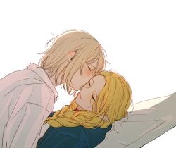 Rule 34 | 2girls, absurdres, bad id, bad twitter id, braid, choker, closed eyes, dungeon meshi, dutch angle, falin touden, front braid, highres, hntpan, kiss, kissing cheek, long hair, marcille donato, medium hair, multiple girls, parted lips, pointy ears, red choker, short hair, sleeping, twin braids, white background, yuri