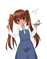 Rule 34 | 1girl, alternate costume, blue dress, brown eyes, brown hair, cake, cake slice, dark-skinned female, dark skin, dated, dress, food, highres, kantai collection, leaning to the side, libeccio (kancolle), long hair, looking at viewer, maru (marg0613), one-hour drawing challenge, simple background, solo, strawberry shortcake, tongue, tongue out, twitter username, white background, white sleeves