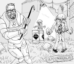 1boy absurdres alien barrel bb_(baalbuddy) brick_wall building crowbar english_text glasses gordon_freeman grass greyscale half-life half-life_(series) half-life_2 headcrab hev_suit highres holding holding_crowbar in-universe_location location_name monochrome power_lines road_sign sign utility_pole wall_lamp windmill zombie