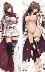 Rule 34 | 1girl, asymmetrical legwear, bare shoulders, breasts, brown eyes, brown hair, censored, collar, commentary request, dakimakura (medium), detached sleeves, dress, flower, gold trim, hair flower, hair ornament, highres, kantai collection, kochipu, large breasts, long hair, looking at viewer, lying, metal collar, mosaic censoring, multiple views, navel, nipples, on side, pleated skirt, ponytail, sidelocks, simple background, skirt, stomach, thighhighs, torn clothes, torn thighhighs, unworn headgear, very long hair, white background, white dress, white sleeves, yamato (kancolle), yamato kai ni (kancolle)