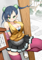 1girl armband blue_hair breasts cleavage female_focus gloves green_eyes hair_ornament hibachi_(mushibugyou) japanese_clothes large_breasts mushibugyou nac000 purple_thighhighs skirt solo thighhighs twintails