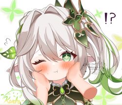 !? 1girl ;t artist_name blush closed_mouth commentary_request cross-shaped_pupils disembodied_hand gem genshin_impact gold_trim green_eyes green_gemstone hair_between_eyes hair_intakes hair_ornament hands_on_another&#039;s_cheeks hands_on_another&#039;s_face highres kotohaneko_0307 leaf_hair_ornament long_hair looking_at_viewer nahida_(genshin_impact) pointy_ears side_ponytail signature simple_background solo_focus symbol-shaped_pupils white_background white_hair