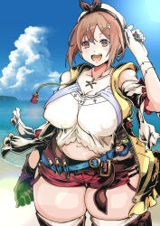 1girl :d absurdres atelier_(series) atelier_ryza atelier_ryza_1 bare_shoulders beach belt belt_buckle beret blue_sky blush boots braid breasts brown_gloves brown_hair buckle cleavage cloud collarbone curvy day ear_piercing earrings fingerless_gloves forest_(4423) gloves hair_between_eyes hat highres horizon jewelry large_breasts leather leather_belt leather_gloves necklace ocean open_mouth outdoors partially_fingerless_gloves petals piercing plump pouch red_shorts reisalin_stout ribbon ripples short_shorts shorts sky smile solo star_(symbol) star_necklace thick_thighs thigh_strap thighs water wide_hips
