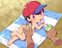 2boys :p ass b_(kana0816) barefoot black_hair blue_eyes commission dark_skin disembodied_hand dutch_angle feet food full_body hat ice_cream licking looking_at_viewer lying male_focus mother_(series) mother_2 multiple_boys ness_(mother_2) nintendo nude oil on_stomach red_headwear shiny_skin short_hair shota soles solo_focus testicles toes tongue tongue_out yaoi