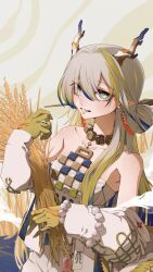 1girl absurdres arknights bare_shoulders bead_necklace beads blonde_hair blush breasts choker collarbone dragon_girl dragon_horns dragon_tail earrings eastern_dragon_horns green_eyes hair_between_eyes highres horns if_f jewelry long_hair long_sleeves looking_at_viewer medium_breasts necklace parted_lips pointy_ears rice_(plant) rice_paddy shirt shu_(arknights) smile solo strapless strapless_shirt tail tassel tassel_earrings teeth tube_top white_tube_top