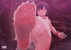 1girl :q breasts cameltoe closed_mouth commentary_request covered_erect_nipples heart highres looking_at_viewer original paid_reward_available pink_eyes purple_hair robo_mikan small_breasts soles solo speech_bubble spoken_heart toes tongue tongue_out variant_set