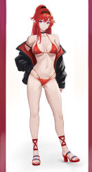 1girl arm_belt bare_shoulders bikini black_hairband black_jacket border breasts earrings full_body gluteal_fold hair_between_eyes hair_ornament hairband haruyuki_(karem) highres jacket jewelry large_breasts long_hair looking_at_viewer mole mole_on_breast mole_under_eye open_clothes open_jacket pointy_ears purple_eyes red_bikini red_border red_hair solo swimsuit very_long_hair wuthering_waves yinlin_(wuthering_waves)