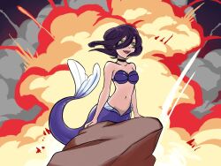 1girl ariel_(disney) ariel_(disney)_(cosplay) bikini black_choker breasts chainsaw_man choker commentary cosplay english_commentary explosion fins fish_tail green_eyes hair_between_eyes highres long_hair_between_eyes mermaid monster_girl navel open_mouth purple_hair reze_(chainsaw_man) shell shell_bikini small_breasts solo swimsuit tail the_little_mermaid_(disney) thebabalgam