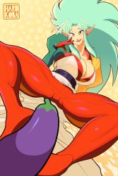 1girl breasts censored dress earrings eggplant gloves green_hair hair_intakes hardkoba highres jewelry large_breasts open_mouth puffy_sleeves raised_eyebrows red_gloves red_legwear ryouko_(tenchi_muyou!) sidelocks solo spiked_hair tenchi_muyou! thick_thighs thighs white_dress yellow_background yellow_eyes