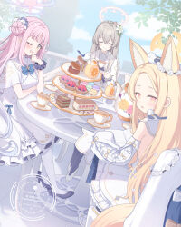 3girls ;d animal animal_ear_fluff animal_ears animal_on_head animal_on_shoulder bare_shoulders bird bird_on_head bird_on_shoulder black_pantyhose black_shoes blonde_hair blue_archive blue_bow blue_bowtie blush bow bowtie closed_eyes closed_mouth commentary cup day detached_sleeves dress flower food fox_ears fox_girl frilled_dress frills fruit grey_hair hair_flower hair_ornament halo high_heels highres koto_(colorcube) long-tailed_tit long_hair long_sleeves macaron mika_(blue_archive) multiple_girls nagisa_(blue_archive) on_head one_eye_closed open_mouth orange_(fruit) orange_eyes orange_halo outdoors pantyhose pink_hair pink_halo purple_scrunchie saucer scrunchie seia_(blue_archive) shoes sitting sleeveless sleeveless_dress smile tea_party_(blue_archive) teacup tit_(bird) watermark white_dress white_pantyhose white_shoes white_sleeves wrist_scrunchie yellow_eyes yellow_halo