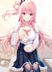 1girl absurdres black_bow black_pantyhose blue_skirt blush bow bowl breasts camisole cleavage collarbone emily_stock female_focus floating_hair food frills grin hair_between_eyes hair_bow halterneck has_bad_revision has_downscaled_revision heart heart-shaped_pupils high-waist_skirt highres holding holding_bowl holding_spoon incoming_food large_breasts long_hair long_sleeves looking_at_viewer md5_mismatch mushroom one_side_up original pantyhose parted_lips pink_eyes pink_hair plaid_clothes plaid_skirt resolution_mismatch ribbed_sweater ririko_(zhuoyandesailaer) sitting skirt smile solo soup source_smaller spoon sweater symbol-shaped_pupils undershirt white_sweater