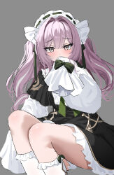 Rule 34 | 1girl, absurdres, azur lane, blush, covering own mouth, dress, dress ribbon, drill hair, frilled dress, frilled hairband, frilled sleeves, frilled socks, frills, green ribbon, grey background, hair ribbon, hairband, hand up, highres, long hair, looking at viewer, luoboko, purple hair, ribbon, shy, simple background, sleeves past fingers, sleeves past wrists, socks, solo, vittorio cuniberti (azur lane), white socks, yellow eyes