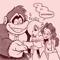 1boy 2girls artist_name artist_request blush brandon_santiago donkey_kong donkey_kong_(series) donkey_kong_bananza english_text freckles fur monochrome multiple_girls necktie nintendo one_eye_covered pauline_(mario) red_theme rosalina sketch smile speech_bubble