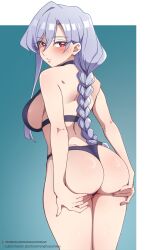 1girl absurdres animanghayo artist_name ass ass_focus blush bra breasts clip_studio_paint_(medium) commentary eiai_nano english_commentary from_behind grabbing_own_ass highres kimi_no_koto_ga_dai_dai_dai_dai_daisuki_na_100-nin_no_kanojo large_breasts long_hair looking_at_viewer looking_back panties patreon_logo patreon_username purple_bra purple_panties red_eyes solo standing subscribestar_logo subscribestar_username thighs thong underwear very_long_hair