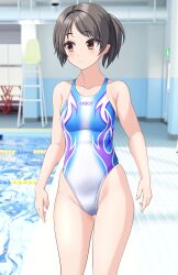 Rule 34 | 1girl, absurdres, black hair, breasts, brown eyes, chair, clothes writing, collarbone, commentary request, competition swimsuit, cowboy shot, feet out of frame, flame print, highleg, highres, indoors, lane line, lifeguard chair, medium breasts, multicolored swimsuit, one-piece swimsuit, original, parted bangs, ponytail, pool, poolside, short hair, skindentation, solo, swimsuit, takafumi, variant set, white one-piece swimsuit