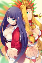 2girls bell bikini black_bikini blonde_hair blue_eyes breasts chin_piercing choker cleavage collarbone cross cross_choker echo_(circa) fate/grand_order fate_(series) feathers fur-trimmed_bikini fur_trim green_eyes headband headdress jacket jingle_bell large_breasts long_hair long_sleeves looking_at_viewer martha_(fate) martha_(swimsuit_ruler)_(fate) martha_(swimsuit_ruler)_(second_ascension)_(fate) mistletoe multiple_girls one_eye_closed open_clothes open_jacket parted_bangs purple_hair quetzalcoatl_(fate) quetzalcoatl_(samba/santa)_(fate) red_bikini red_jacket santa_bikini santa_costume smile swimsuit