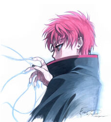 2008 akatsuki_uniform black_nails brown_eyes covered_mouth dated dominic_ian_cabatit fingernails from_side hand_up high_collar lowres naruto_(series) naruto_shippuuden profile puppet_strings red_hair sasori_(naruto) short_hair signature