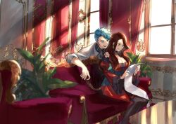 1boy 1girl black_pantyhose blue_eyes blue_hair breasts brown_hair caspar_von_bergliez caspar_von_bergliez_(timeskip) cleavage curtains dorothea_arnault dorothea_arnault_(timeskip) fire_emblem fire_emblem:_three_houses glint green_eyes indoors kojijima large_breasts light_particles long_hair nintendo pantyhose reading scroll sitting sunlight table