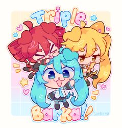 &gt;_&lt; 3girls :3 ahoge akita_neru animal_ears arm_up blonde_hair blue_eyes blue_hair boots cellphone chibi closed_eyes collared_shirt commentary detached_sleeves dog_ears dog_girl dog_tail drill_hair english_commentary flip_phone hatsune_miku heart highres holding holding_phone jitome kasane_teto kasane_teto_(utau) long_hair long_sleeves louloous multiple_girls open_mouth phone pun red_hair shirt side_ponytail smile star_(symbol) tail tail_wagging thick_eyebrows thigh_boots tongue tongue_out triple_baka_(vocaloid) twin_drills twintails utau very_long_hair vocaloid yellow_eyes