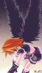 00s 1girl 2004 bike_shorts bike_shorts_under_skirt black_legwear black_wings brown_eyes brown_hair cure_black dated detached_wings earrings female_focus fingerless_gloves futari_wa_precure gloves heart jewelry kei_jiei looking_at_viewer magical_girl misumi_nagisa precure serious shirt short_hair shorts shorts_under_skirt skirt solo wings