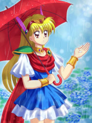 1990s_(style) 1girl akazukin_chacha bracelet chacha chacha_(akazukin_chacha) female_focus flower highres hydrangea jewelry magical_princess mimimix retro_artstyle solo umbrella