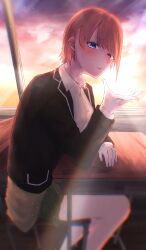 1girl absurdres black_jacket blazer blowing_kiss blue_eyes blush chair classroom collared_shirt commentary desk evening feet_out_of_frame from_side go-toubun_no_hanayome green_skirt highres jacket kei_ayada long_hair long_sleeves looking_at_viewer nakano_ichika on_chair pink_hair school_chair school_desk school_uniform shirt short_hair sitting skirt sky solo white_shirt window winter_uniform