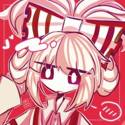 Rule 34 | alternate hairstyle, bow, bright pupils, buttons, cinnamiku hairstyle, cinnamoroll, collared shirt, colored skin, cosplay, double bun, fujiwara no mokou, fujiwara no mokou (cosplay), furrowed brow, fuwa fuwa cinnamoroll, hair bow, hair bun, hair ornament, hair over eyes, hair up, hand on own back, hand on own head, hand up, heart, highres, imperishable night, looking down, open mouth, pink hair, profile picture, raisutea, red background, red eyes, red suspenders, sanrio, shirt, sidelocks, signature, simple background, spoken blush, suspenders, sweatdrop, touhou, white hair, white pupils, white shirt, white skin