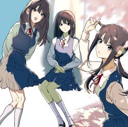 1girl absurdres arms_behind_back black_shoes bloom_into_me15 blue_dress brown_hair closed_mouth collared_shirt dress green_eyes hands_on_lap highres holding holding_own_hair idolmaster idolmaster_cinderella_girls long_hair long_sleeves looking_at_viewer multiple_views neck_ribbon open_mouth parted_lips pinafore_dress red_ribbon ribbon school_uniform schoolgirl_wear_(idolmaster) shibuya_rin shirt shoes sitting sleeveless sleeveless_dress socks standing white_shirt white_socks