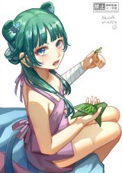 1girl bandages double_bun flat_chest green_eyes green_hair hair_bun herb highres kusuriya_no_hitorigoto looking_at_viewer maomao_(kusuriya_no_hitorigoto) niao_de open_mouth petite sitting solo sweatdrop underwear