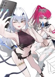 Rule 34 | 2girls, baobhan sith (fate), baobhan sith (swimsuit pretender) (third ascension) (fate), bikini, black bikini, breasts, earrings, fang, fate/grand order, fate (series), food, food in mouth, grey eyes, hand up, jewelry, large breasts, long hair, low wings, medium breasts, melusine (fate), melusine (swimsuit ruler) (fate), melusine (swimsuit ruler) (first ascension) (fate), multiple girls, navel, one eye closed, open mouth, pink hair, pointy ears, ponytail, popsicle, popsicle in mouth, selfie, side ponytail, smile, swimsuit, white background, white bikini, white hair, wings, yellow eyes, yugusan5