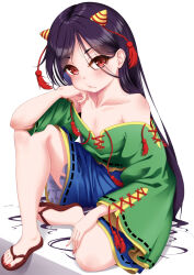 1girl black_hair blue_shorts brown_eyes brown_sandals collarbone commentary_request cone_horns cross-laced_clothes flat_chest flip-flops full_body green_shirt highres horns indica long_hair long_sleeves nail_polish nippaku_zanmu red_nails red_ribbon ribbon sandals shirt shorts simple_background sitting small_horns solo tassel toenail_polish toenails touhou very_long_hair white_background wide_sleeves yellow_horns