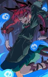 1girl ;d absurdres animal_ears black_bow bow braid cat_ears cat_tail commentary dress extra_ears fang green_dress green_shirt green_skirt hair_bow highres hitodama ichirugi kaenbyou_rin leg_up long_hair long_sleeves looking_at_viewer multiple_tails one_eye_closed open_mouth red_eyes red_hair shirt side_braids skirt smile solo tail touhou twin_braids two_tails