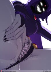 1girl anus artist_name black_leotard black_panties breasts cape censored chrysalisdraws clitoris colored_pussy colored_skin covered_erect_nipples dc_comics fingernails forehead_jewel from_below gem glowing glowing_eyes grey_skin hand_on_own_thigh highleg highres image_sample knees_out_of_frame large_breasts leotard looking_at_viewer mosaic_censoring panties patreon_logo patreon_sample patreon_username purple_cape purple_hair purple_hood pussy_juice raven_(dc) red_gemstone shade shaded_face sharp_fingernails sharp_teeth short_hair simple_background sleeved_leotard solo spread_pussy spreading_own_pussy teeth thighs underwear vagina_dentata white_background white_eyes