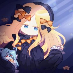 abigail_williams_(fate) abigail_williams_(fate)_(cosplay) animal_ear_fluff animal_ears arm_up black_bow black_dress black_hat black_souls black_souls_2 blonde_hair blue_background blue_eyes blue_hair bow brown_flower colored_eyelashes commentary cosplay dress edith_liddell_(black_souls) english_commentary fate/grand_order fate_(series) faydee flower frills furry furry_male hat highres jack_(black_souls) light_particles light_rays lying orange_bow polka_dot polka_dot_bow purple_dress red_eyes signature wolf wolf_ears yellow_bow