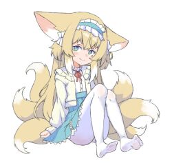 1girl animal_ear_fluff animal_ears arknights blonde_hair blue_hairband blue_skirt cardigan feet fox_ears fox_girl fox_tail green_eyes hairband jalm legs long_hair multiple_tails no_shoes pantyhose shirt sitting skirt smile soles solo suzuran_(arknights) tail thighs toes very_long_hair white_cardigan white_pantyhose white_shirt