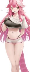 1girl absurdres animal_ears arm_behind_back black_bra bra breasts cat_ears cat_girl cat_tail clothes_lift hair_intakes highres hololive hololive_english large_breasts lifting_own_clothes long_hair micro_shorts mouth_hold multicolored_hair navel panty_straps pen_in_mouth pink_hair raora_panthera shirt_lift shorts simple_background solo somebody_(leiking00) stomach streaked_hair tail underwear very_long_hair virtual_youtuber white_background white_shorts yellow_eyes