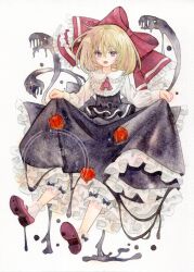 1girl absurdres black_skirt blonde_hair bow chinese_lantern_(plant) commentary darkness embellished_costume frilled_skirt frills full_body hair_bow highres huge_bow kisarush long_hair long_sleeves looking_at_viewer open_mouth painting_(medium) red_bow red_eyes rumia shirt skirt skirt_hold smile socks solo touhou traditional_media umbrakinesis watercolor_(medium) watermark white_shirt white_socks