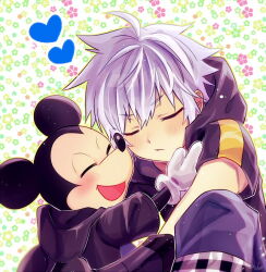2boys anoko_(darenokoanoko) black_jacket blue_pants blush closed_eyes commentary_request disney floral_background grey_hair heart hood hood_down hooded_jacket hug jacket kingdom_hearts kingdom_hearts_iii leaning_forward male_focus mickey_mouse mickey_mouse_&amp;_friends multiple_boys open_mouth pants riku_(kingdom_hearts) short_hair short_sleeves sitting smile spoken_heart