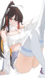 1girl absurdres breasts cleavage goddess_of_victory:_nikke highres jewelry kissing1337 moran_(nikke) moran_(off-duty_queen)_(nikke) multicolored_hair necklace official_alternate_costume official_alternate_hairstyle ponytail round_eyewear shorts simple_background sleeve_zipper solo streaked_hair torn_clothes torn_shorts white_background