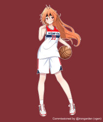 1girl ball basketball_(object) basketball_jersey basketball_uniform black_headband breasts commentary commission commissioner_name contrapposto earrings english_commentary full_body headband highres holding holding_ball jewelry lina_inverse long_hair medium_breasts orange_hair red_eyes shoes shorts slayers smile sneakers snkagawa socks solo sportswear washington_wizards white_shoes white_shorts white_socks