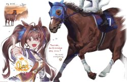 Rule 34 | 1girl, animal ears, bridle, choker, creature and personification, cropped torso, crying emoji, daiwa scarlet (racehorse), daiwa scarlet (umamusume), emoji, english text, epaulettes, fang, flying sweatdrops, framed breasts, hair intakes, highres, hiru315, horse ears, horse girl, index finger raised, jockey, long hair, personification, real life, skin fang, solo, starting future (umamusume), tiara, twintails, umamusume, very long hair, white background