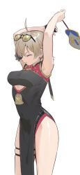 1girl a.k.a.zkin ahoge armpits arms_up bare_arms bare_shoulders black-framed_eyewear black_dress black_gloves breasts brown_hair china_dress chinese_clothes closed_eyes closed_mouth clothing_cutout cowboy_shot dress eyewear_on_head fingerless_gloves gloves hand_fan hand_on_own_arm highres holding holding_fan medium_breasts pelvic_curtain short_hair simple_background single_fingerless_glove skindentation sleeveless sleeveless_dress smile solo standing stretching sunglasses sweety_(zenless_zone_zero) thigh_strap tinted_eyewear tuanshan two-tone_dress underboob_cutout v-shaped_eyebrows white_background yellow-tinted_eyewear zenless_zone_zero