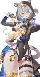 1girl aglaea_(honkai:_star_rail) animal animal_ears animalization belt black_gloves black_leotard blue_eyes breasts cat cat_ears cat_girl cat_tail cipher_(honkai:_star_rail) cleavage commentary_request fingerless_gloves gloves grey_hair highres holding holding_animal honkai:_star_rail honkai_(series) leotard mole mole_on_breast netural short_hair_with_long_locks shorts simple_background solo tail thigh_belt thigh_strap thighs white_background white_shorts yellow_nails
